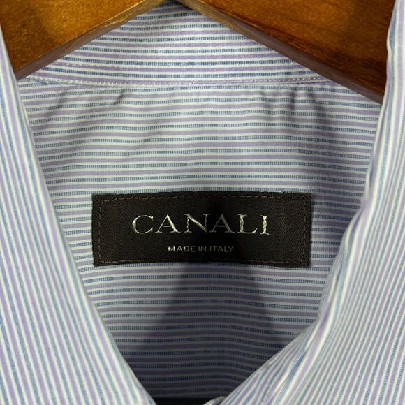 Canali Shirt Mens 16.5 Purple Striped Dress Shirt Spread Collar Made in Italy - Picture 4 of 13